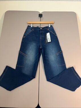 Madden Girl Dark Blue Wide-Leg Utility Jeans